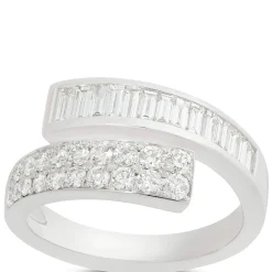 Baguette and Round Cut Diamond Bypass Ring, 14K White Gold Sale