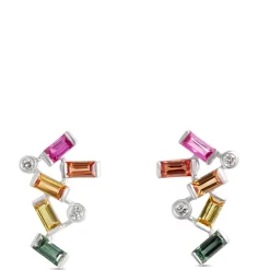 Baguette Rainbow Sapphire Earrings, 14k White Gold Best