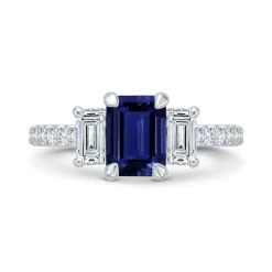 Bella Ponte 3-Stone Emerald Cut Sapphire and Diamond Engagement Ring, 14K White Gold New