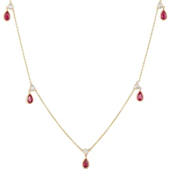 Bezel Set Pear Shaped Ruby Drops Necklace, 14K Yellow Gold Sale