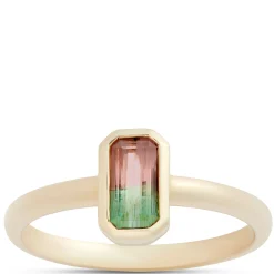 Bi-Colored Emerald Cut Tourmaline Ring, 14K Yellow Gold Discount