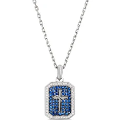Blue Sapphire and Diamond Dog Tag Necklace, 18K White Gold Hot