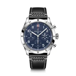 Breitling Classic AVI Chronograph Tribute to Vought F4U Corsair Watch Blue Dial Black Leather Strap, 42mm New