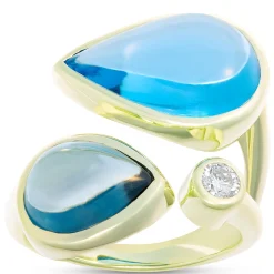 Cabochon Ring with Pear Shaped Blue Topaz Gemstones and Bezel Set Diamond, 14K Yellow Gold Discount