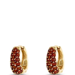 Classic Hoop Earrings With Pave Round Garnet Gemstones, 14K Yellow Gold New