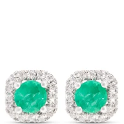 Classic Round Emerald Stud swith Diamond Halo, ⅕ Carat Total Weight, 14K White Gold Best