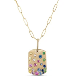 Confetti Sapphire and Tsavorite Dogtag Pendant, 14K Yellow Gold Clearance