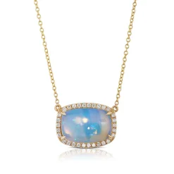Cushion Cut Opal and Diamond Pendant, ⅓ Carat Total Weight, 14K Yellow Gold Hot