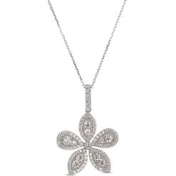 Diamond Flower Shaped Pendant Necklace, 14K White Gold Discount