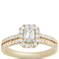 Double Shank Emerald Cut Diamond Halo Ring in 14K Yellow Gold Sale