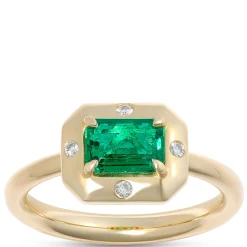 Emerald and Diamond Ring, 18K Yellow Gold Size 7 New