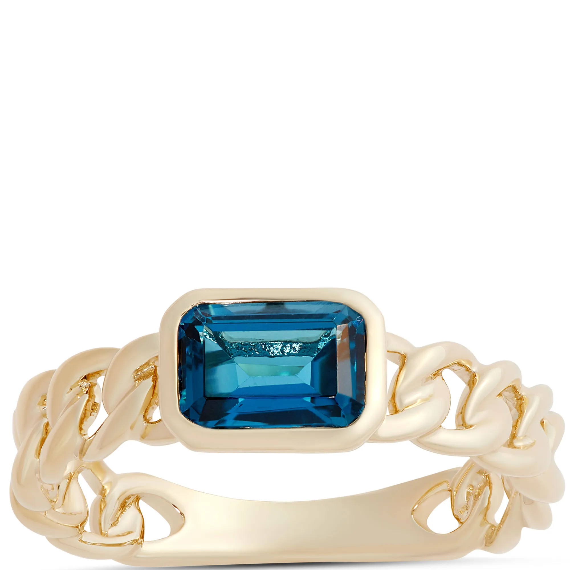 Emerald Cut Blue Tourmaline Linked Shank Ring, 14K Yellow Gold Sale