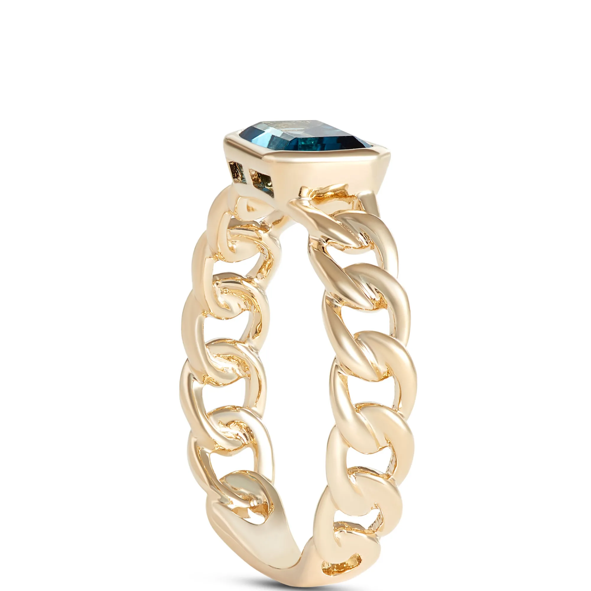 Emerald Cut Blue Tourmaline Linked Shank Ring, 14K Yellow Gold Sale