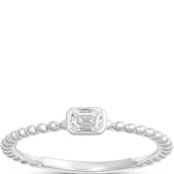 Emerald Cut Diamond Ring with Beaded Shank, 14K White Gold New