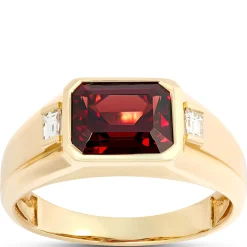 Emerald Cut Garnet Ring with Baguatte Diamonds, ⅕ Total Carat Weight, 14K Yellow Gold Clearance