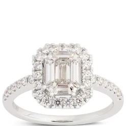 Emerald Cut Halo Engagement Ring, 14K White Gold Sale