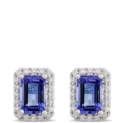 Emerald Cut Tanzanite and Diamond Studs, 14K White Gold Sale