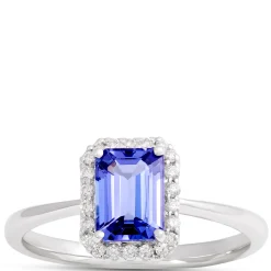 Emerald Cut Tanzanite Ring with Diamond Halo, 14K White Gold Sale