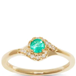 Emerald & Diamond Halo Swirl Ring, 14K Yellow Gold Sale