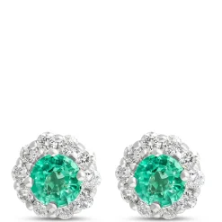 Emerald Stud Earrings with Diamond Halo, 14K White Gold Discount