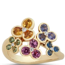 Floral Rainbow Sapphire Ring, 14k Yellow Gold New