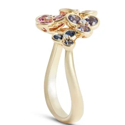 Floral Rainbow Sapphire Ring, 14k Yellow Gold New
