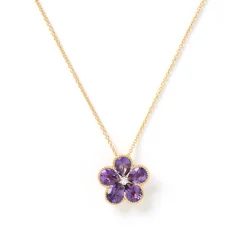 Flower Shaped Amethyst and Diamond Pendant, 14K Yellow Gold Online