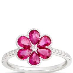 Flower Shaped Ruby Ring, 14K White Gold Best