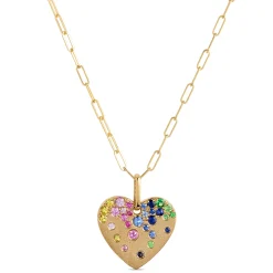 Heart Shaped Confetti Tsavorite and Sapphire Rainbow Pendant, 14K Yellow Gold Best