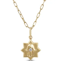 Ikuma Diamond Paperclip Necklace with Hamsa Pendant, 14K Yellow Gold Outlet