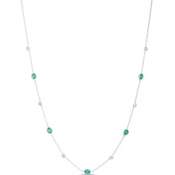 18-Inch Oval Emerald Station Necklace, 14K White Gold