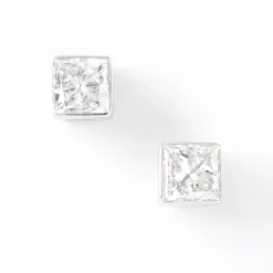 Invisible Bezel Solitaire Princess Cut Diamond Studs, 14K White Gold Discount