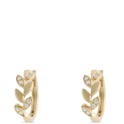 Leaf Shaped Hoops with Diamonds, 14K Yellow Gold Clearance