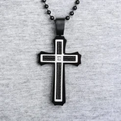Men's Black Cross with Diamond Necklace in Stainless Steel