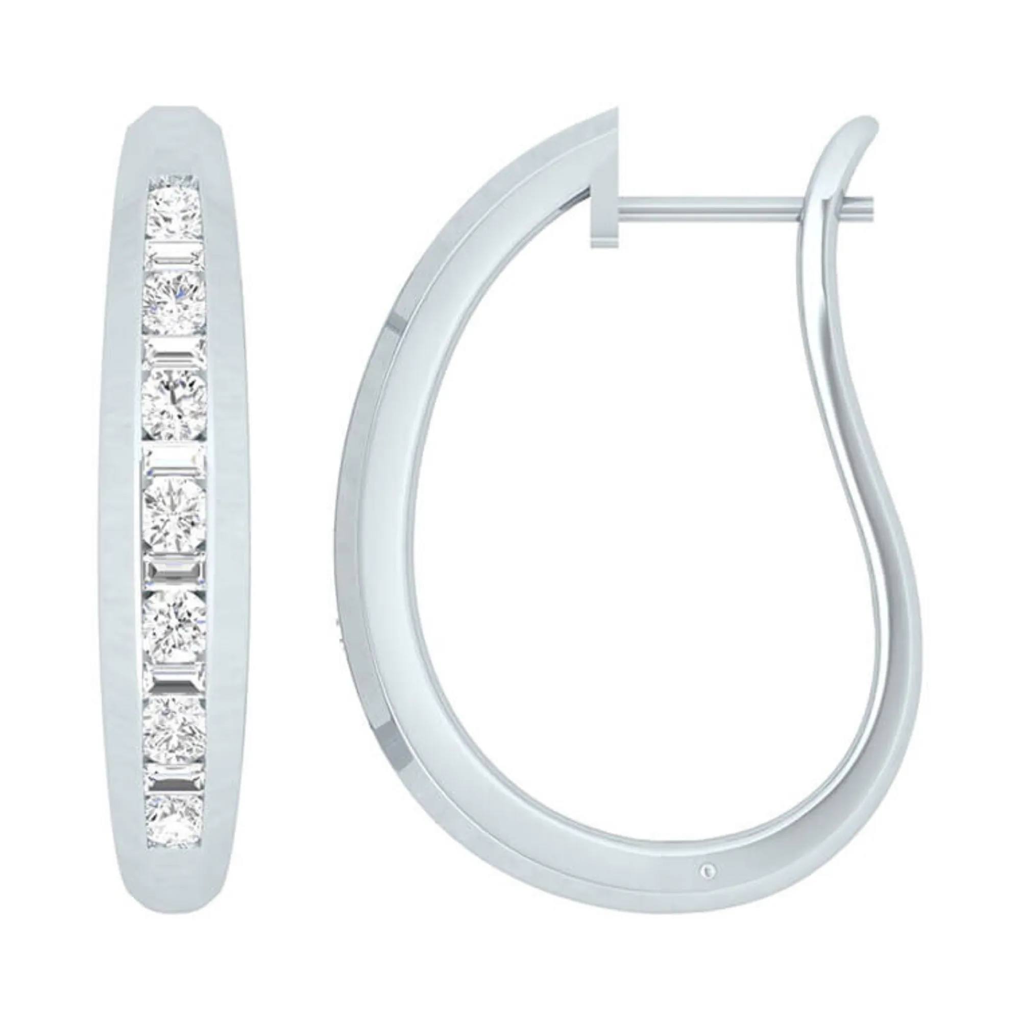 27MM Baguette and Round Diamond Hoop Earrings 27MM, 14K White Gold Outlet