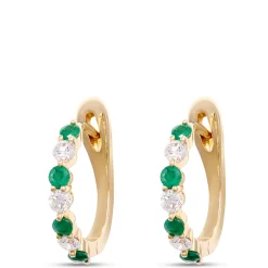 14MM Emerald and Round Diamond Hoops, 14K Yellow Gold Outlet