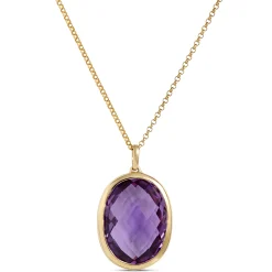 Oval Bezel Set Amethyst Pendant, 14K Yellow Gold New