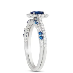 Oval Blue Sapphire and Round Diamond Ring, 14K White Gold New