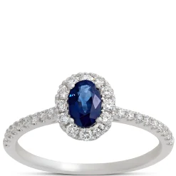 Oval Blue Sapphire and Round Diamond Ring, 14K White Gold New