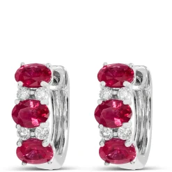 Oval Cut Ruby and Diamond Hoop Earrings, 14K White Gold Online