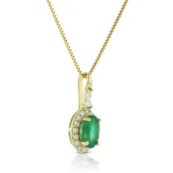 Oval Emerald & Diamond Halo Necklace, 14K Yellow Gold Discount