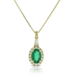 Oval Emerald & Diamond Halo Necklace, 14K Yellow Gold Discount