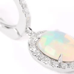 Oval Opal Earrings with Diamond Halo, 14K White Gold New