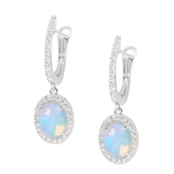 Oval Opal Earrings with Diamond Halo, 14K White Gold New