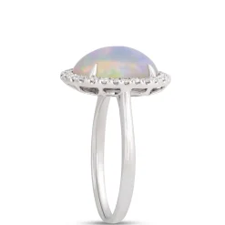 Oval Opal Ring with Diamond Halo, 14K White Gold New