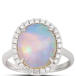 Oval Opal Ring with Diamond Halo, 14K White Gold New