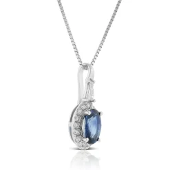 Oval Sapphire & Diamond Halo Necklace 14K Discount