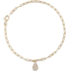 Paperclip Chain Bracelet with Pear-Shaped Pave Pendant, 14K Yellow Gold Clearance