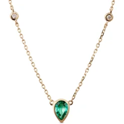 Pear Cut Emerald and Diamond Necklace, 14K Yellow Gold New