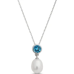 Pearl and Blue Topaz Pendant Necklace, 14k White Gold Sale